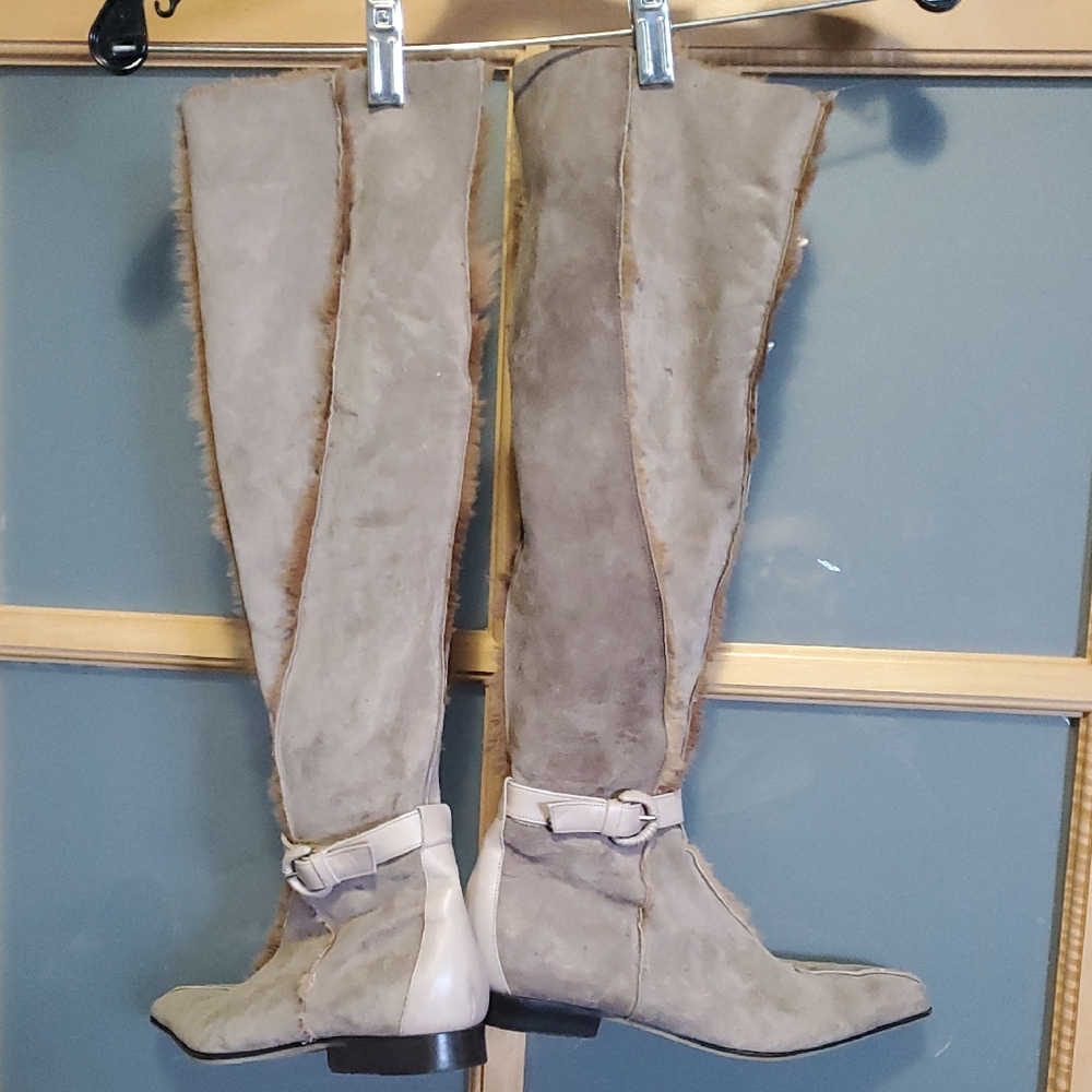 Cesare Paciotti Tan Over the Knee Boots With Real Fur Inside